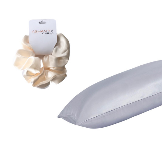 Ashanti Curls-Dreamy Night Time Routine Bundle- x1 Pearl Satin Scrunchie and x1 Silver Satin Pillowcase