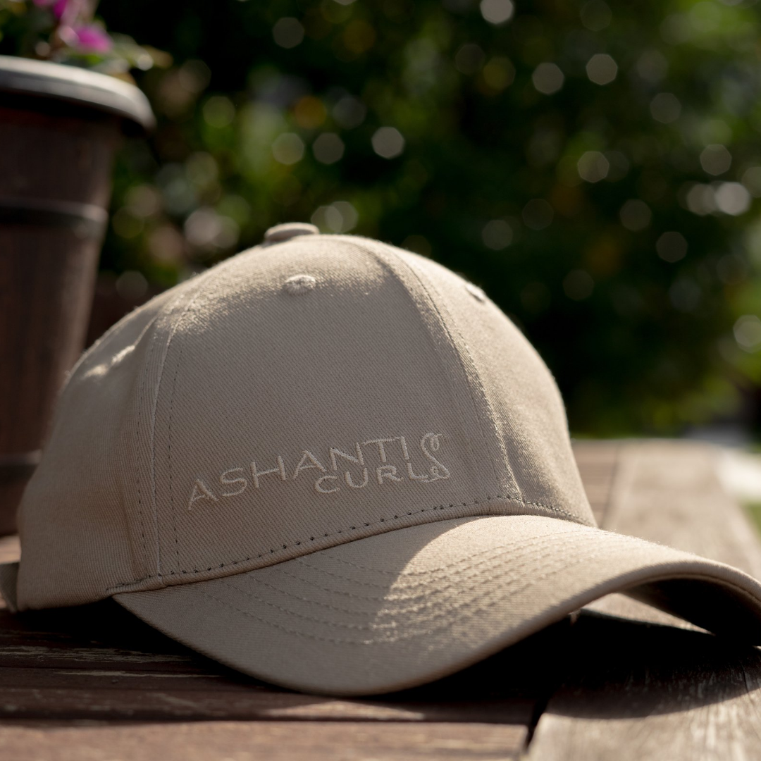 Ashanti Curls Logo- Beige Satin Lined Curly Cap-Full Structured Cap